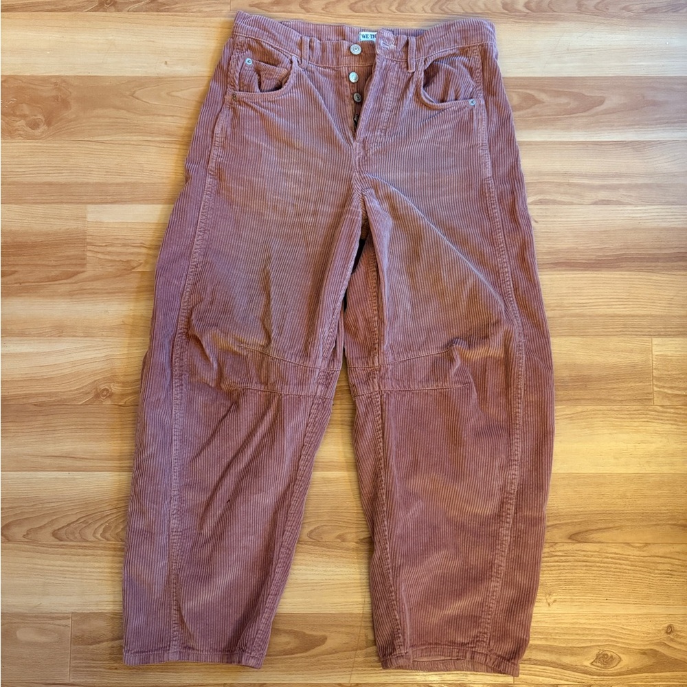 FREE PEOPLE WE THE FREE GOOD LUCK MID-RISE CORD BARREL JEANS - WITHERED ROSE